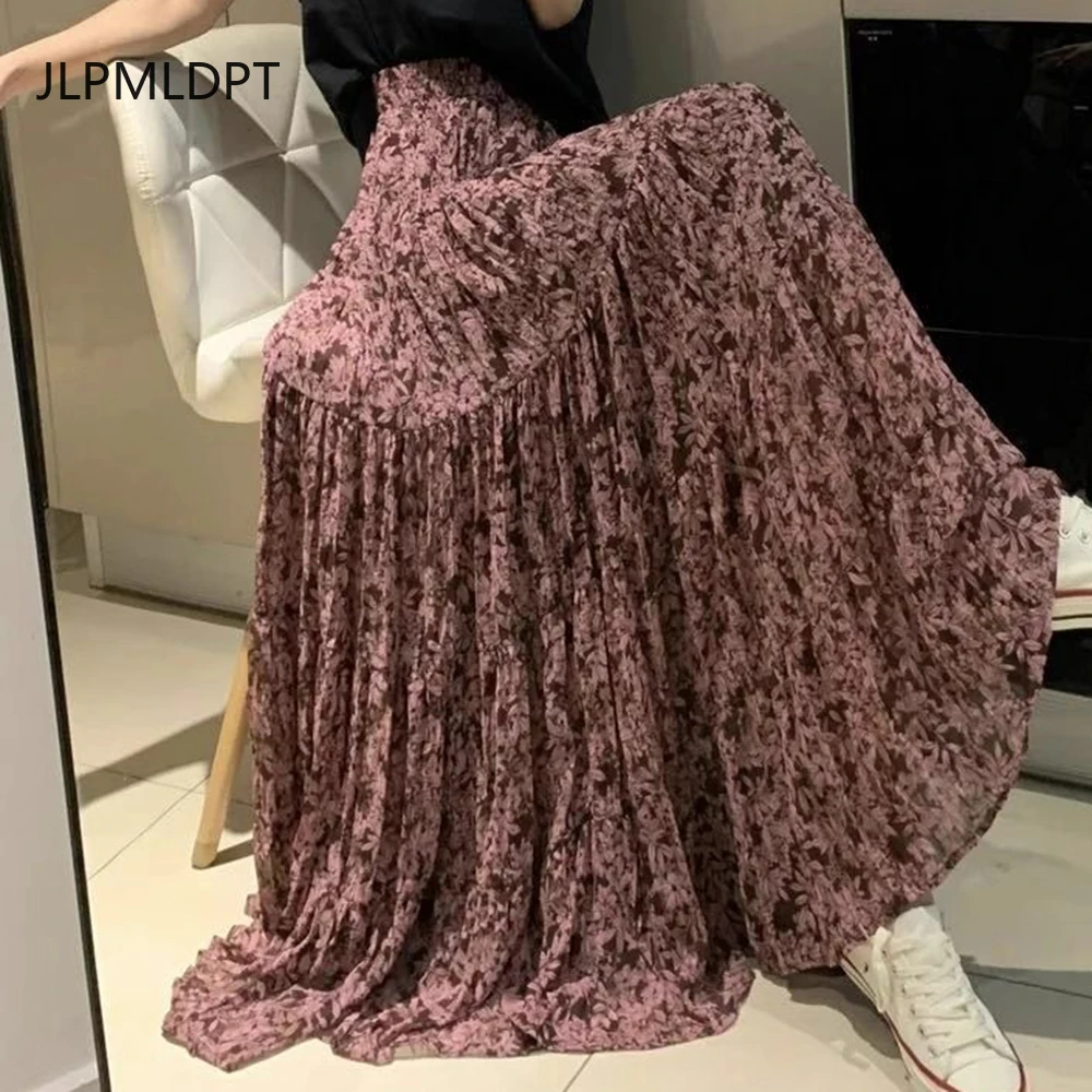 

2025 summer new hip covering and thin long skirt skirt women's large size floral retro pleated high waist skirt