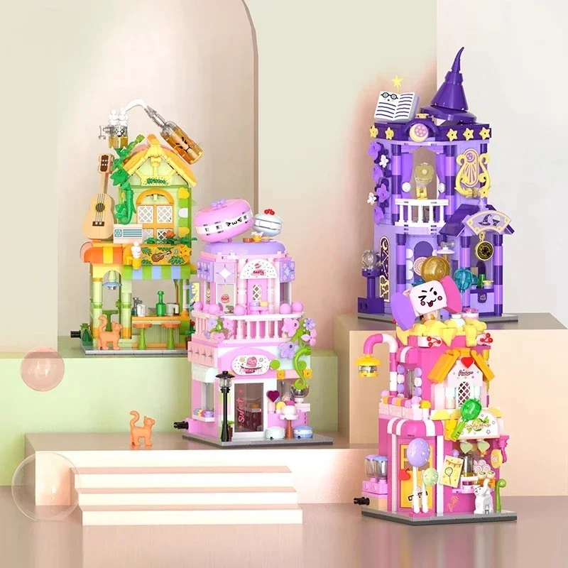 

Candy House Building Blocks Bistro Colorful City Street Scene DIY Model Puzzle Bricks Assembling Kids Toys Girls Birthday Gifts