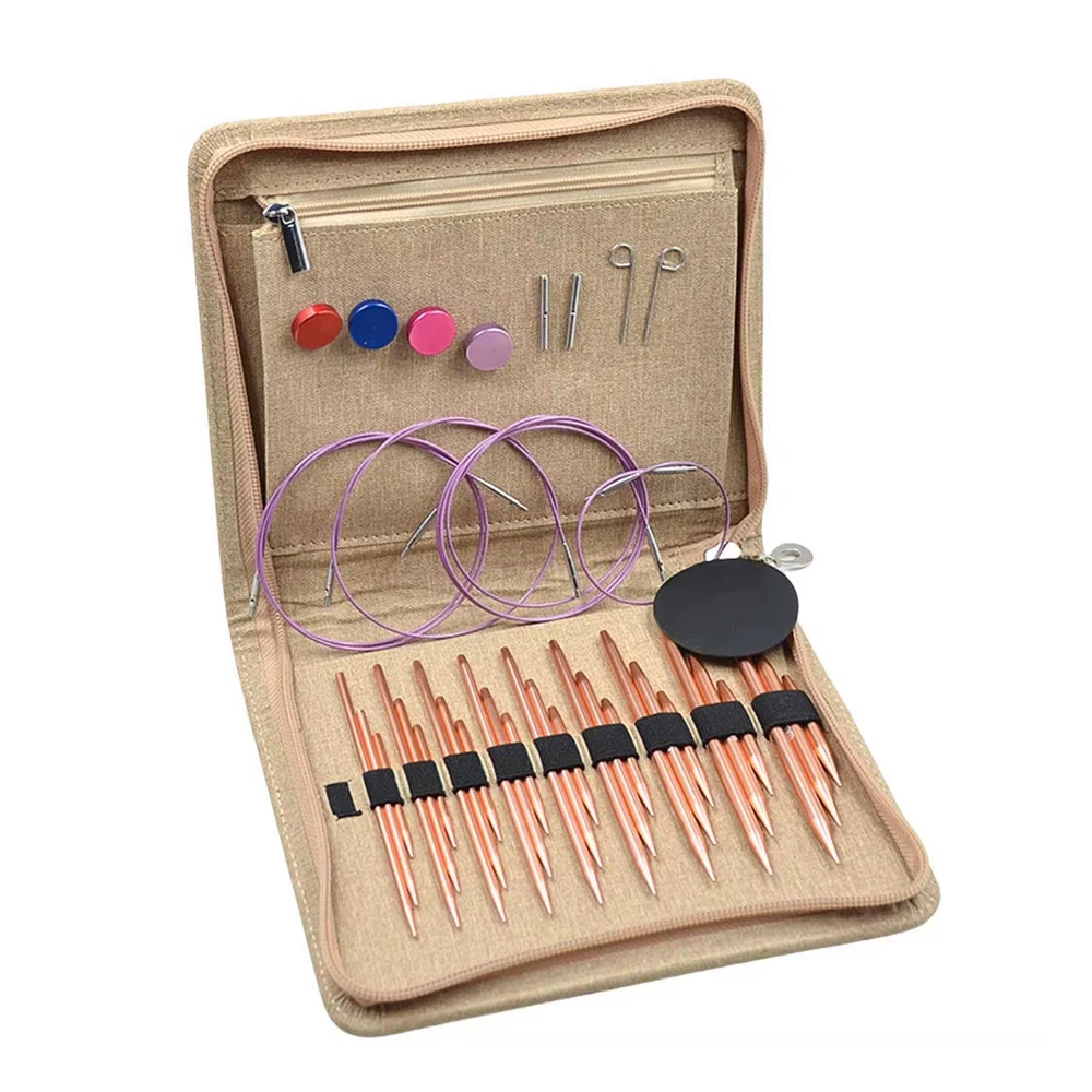 

9 Pairs 27Pcs Aluminu Interchangeable Knitting Needles Set Gold Circular Sewing Needle Set with 4Pcs Cable 3mm to 6 mm DIY Kit