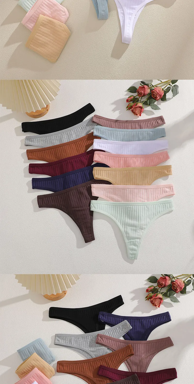 FINETOO 6er-Set Damen gerippte Baumwoll-Tangas, niedrige Taille, atmungsaktive G-String-Unterwäsche, sexy T-Back-Dessous für Frauen – Detail 7