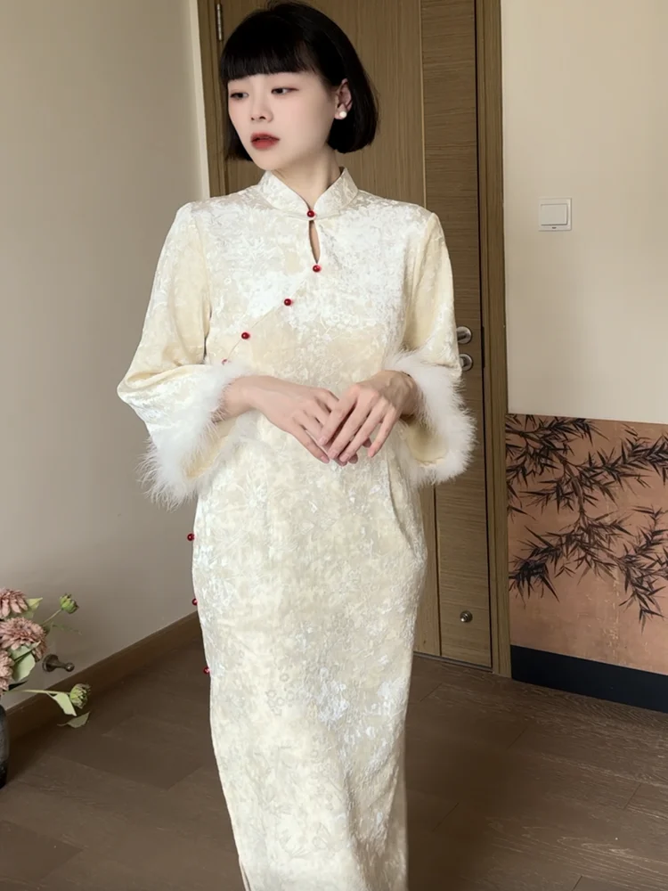 

Новое китайское ципао Nancheng Old S с длинными рукавами, женское, на пуговицах, приталенное, с жемчугом, длинное