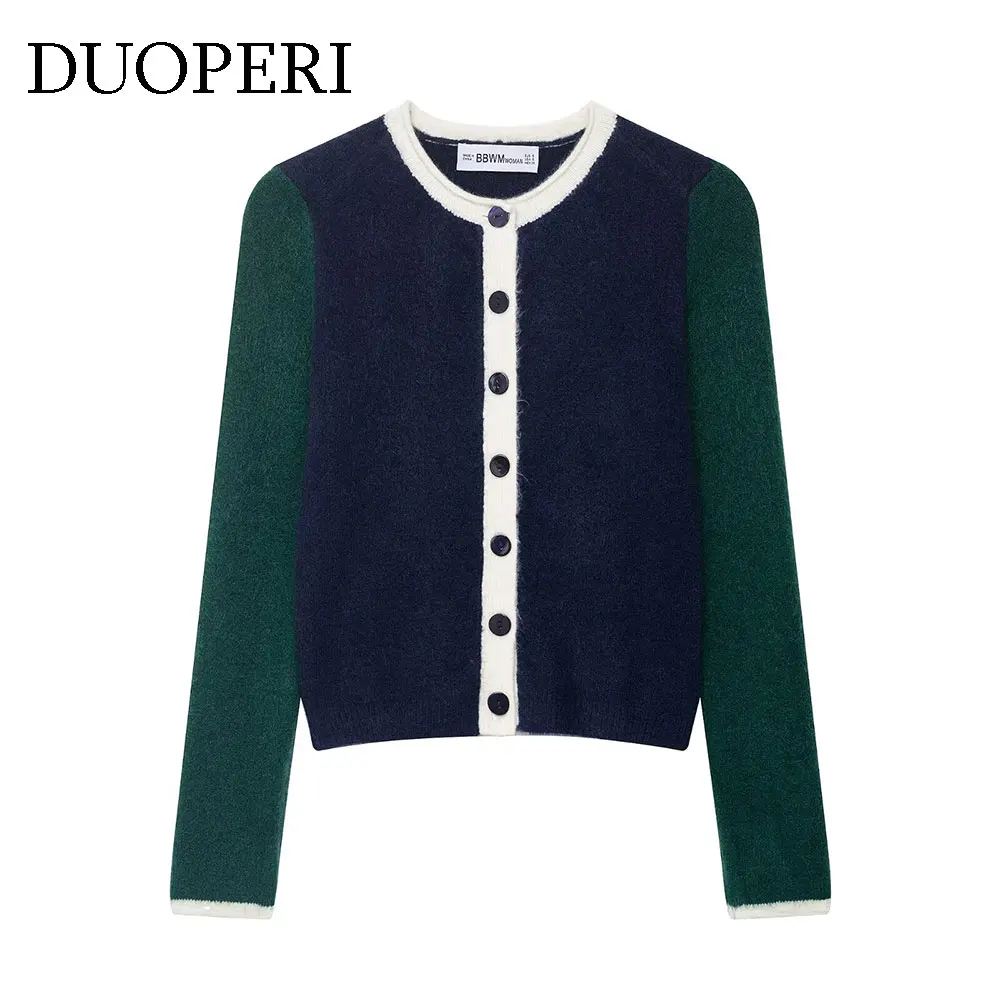 

DUOPERI Women's Cardigans Fashion Patchwork Knitted Sweater O-Neck Long Sleeves Female Elegant Chic Lady Outfits