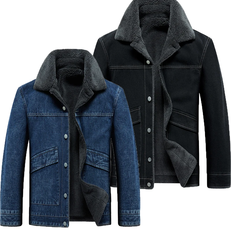 

Men Winter Fleece Denim Jacket Coat Oversize Thermal Jeans Jacket Streetwear Big Pockets Thick Casual Jacket Coat Men's Clothing