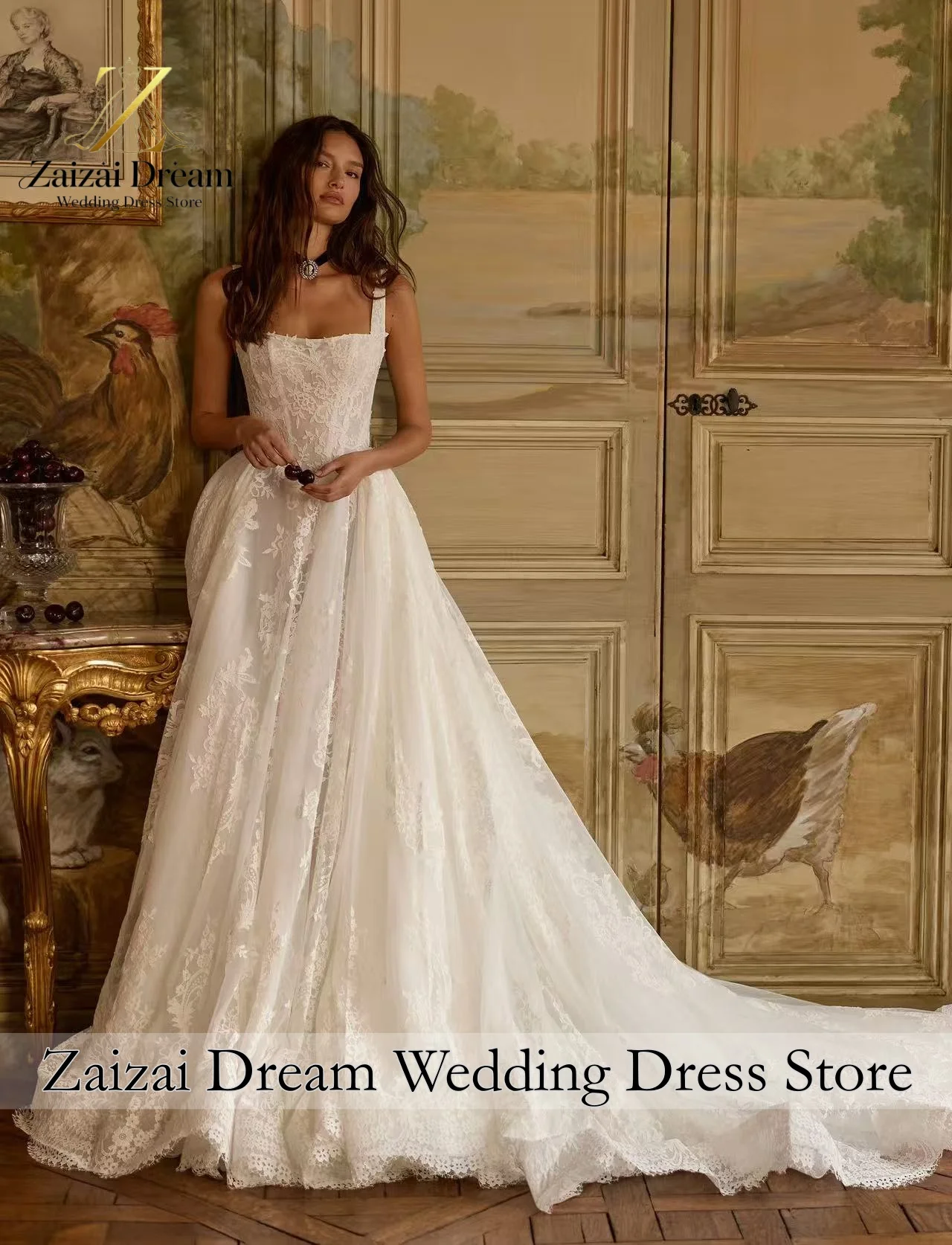 Customzied Elegant Lace Wedding Dress Spaghetti Straps A Line Bridal Gown Princess Wedding Dress Court Train Vestido De Novia