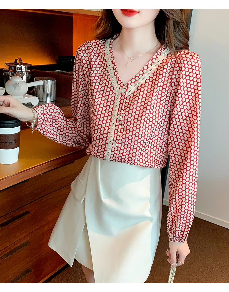 FANIECES camisas e blusas Summer Autumn New Red Plaid Print Shirt for Women Fashion Long Sleeve Chiffon Blouses Lady Casual Tops