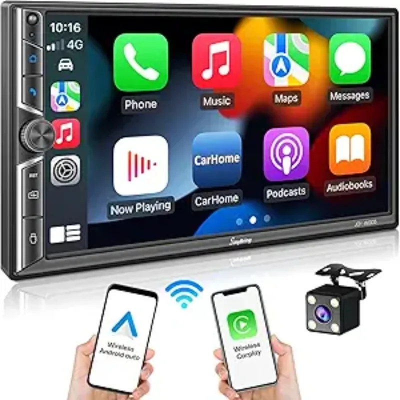 [Upgrade Wireless] 7" Double Car Radio with Wireless CarPlay and Android Auto, Bluetooth 5.3 Car Play, 240W 4.2-Channe
