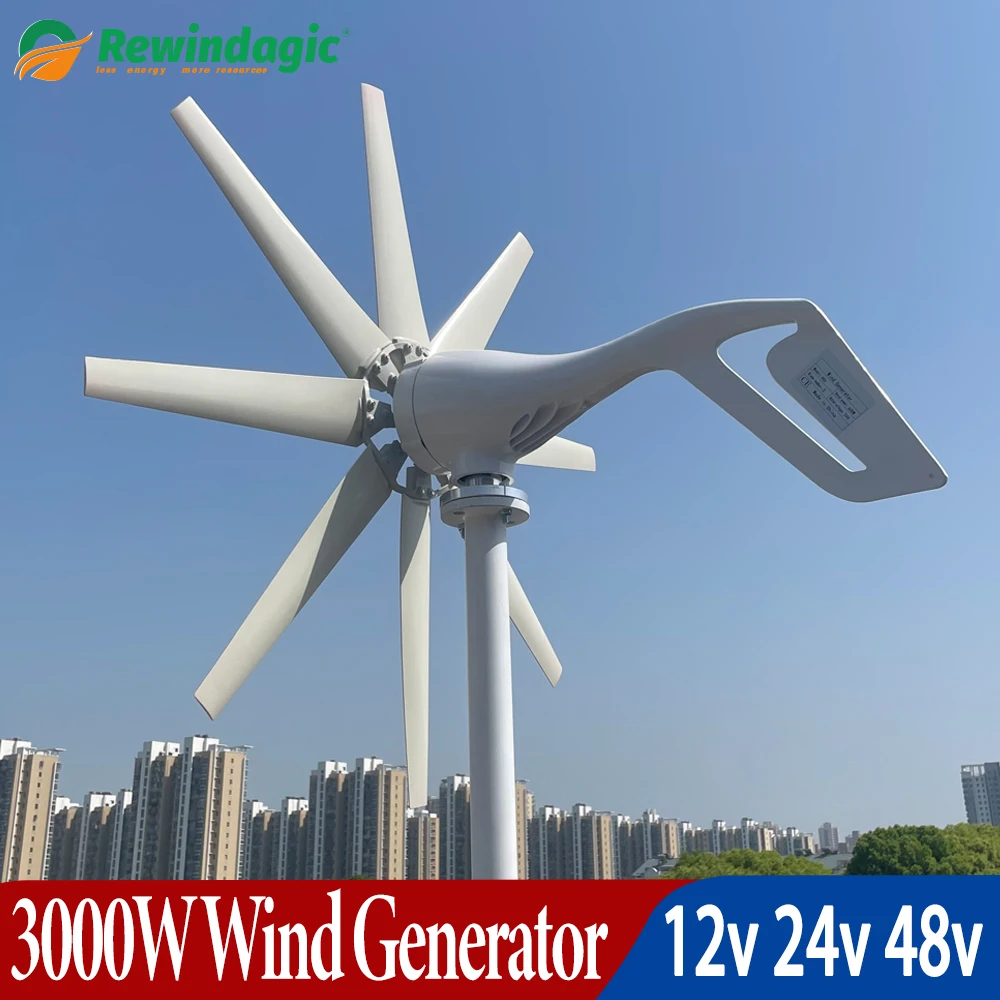 Pequena Turbina Eólica com Controlador e Inversor Baixo Ruído Lâminas 3000w 12v 24v 48v Mppt para Uso Doméstico rv Iate