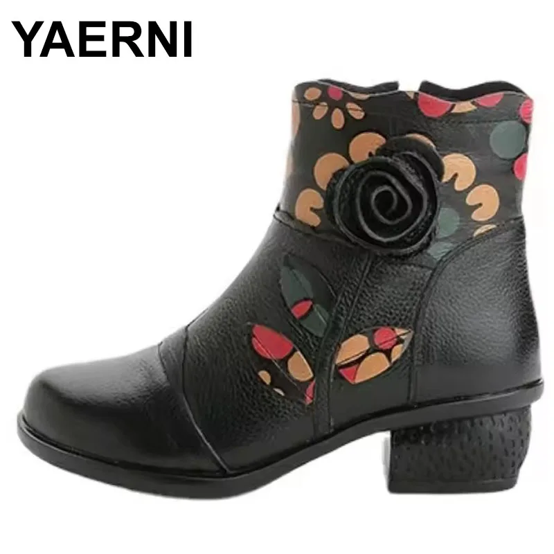 

Printed Genuine Leather Ankle Boot Vintage Booties Ladies Shoes Woman Red High Heel New In Retro Bohemian Women Boots