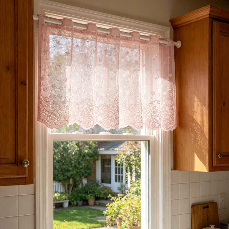 Rural-Style Cherry Blossom Embroidery Half Curtain with Wave-Shaped Lace Edges Small Window Decorative Panel Fresh Floral Theme