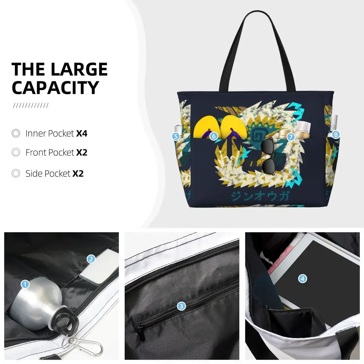 Monster Hunter World Iceborne Zinogre Kanji Beach Tote Bag Sport Gym Yoga Duffle Large Tote Bag Women Travel Bag Fitness bag - view 3