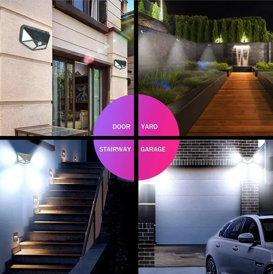 Luces solares para exteriores, lámpara de pared con Sensor de movimiento PIR, 100LED, alimentada por energía Solar, farola para jardín y patio,