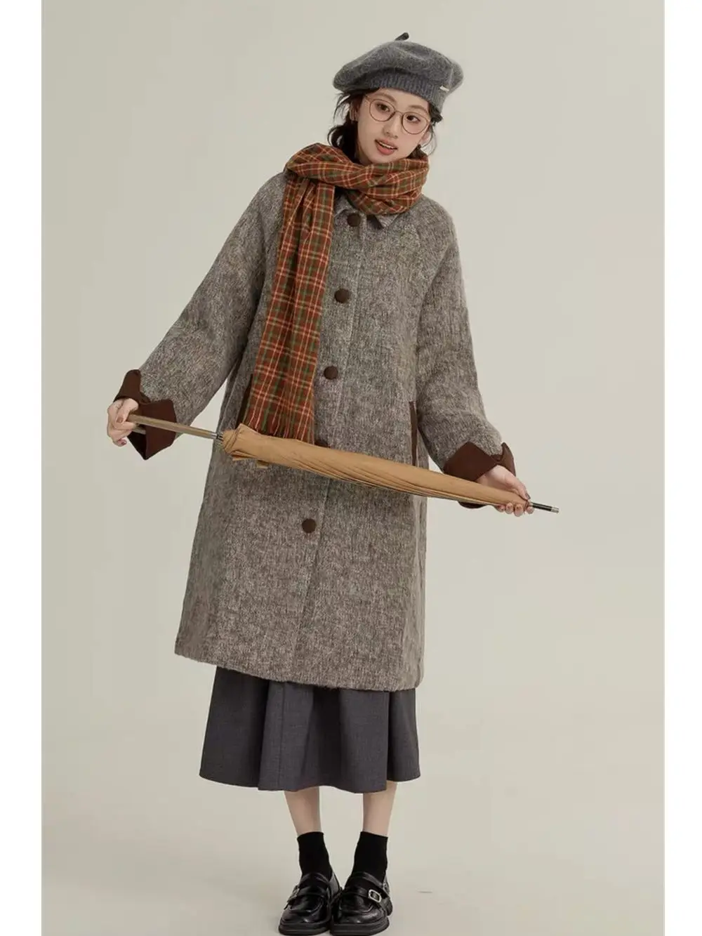 Petite Korean Elegant Vintage Wool Coat Women's Stand Collar Contrast Cuff Button Pockets Loose Fit Thick Warm Winter Casual