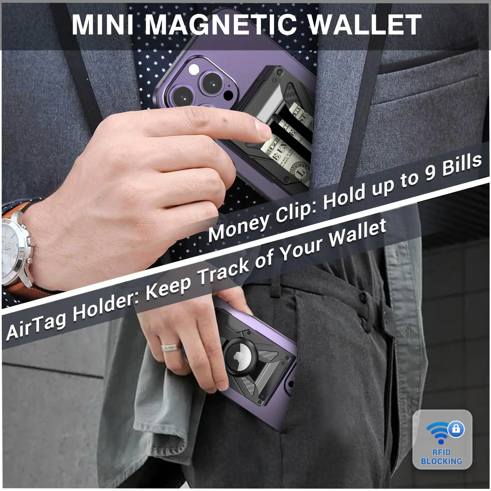 Minimalist Wallet for Men- Slim Aluminum Metal Money Clip， RFID Blocking,Ultra-Thin Tactical Carbon Fiber