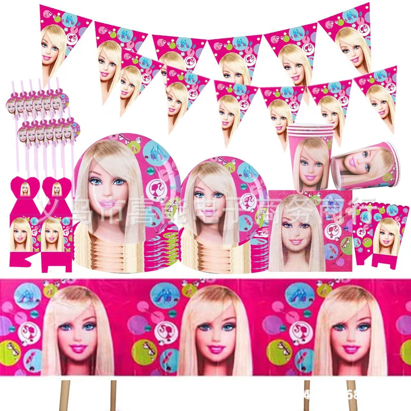 Barbiee Rosa decoraciones de fiesta de cumpleaños para niñas, taza de papel, plato, mantel, servilleta, banderín para Princesa, suministros para