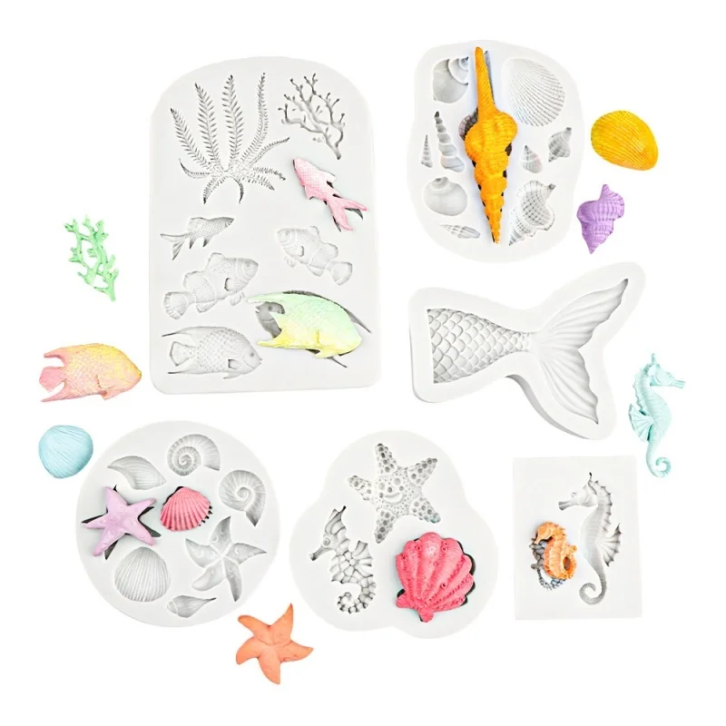 3D Shell Conch Seahorse Fish Tail Silicone Mold DIY Fondant Chocolate Baking Mould Ocean Series Clay Cake Decor Kitchen Tool