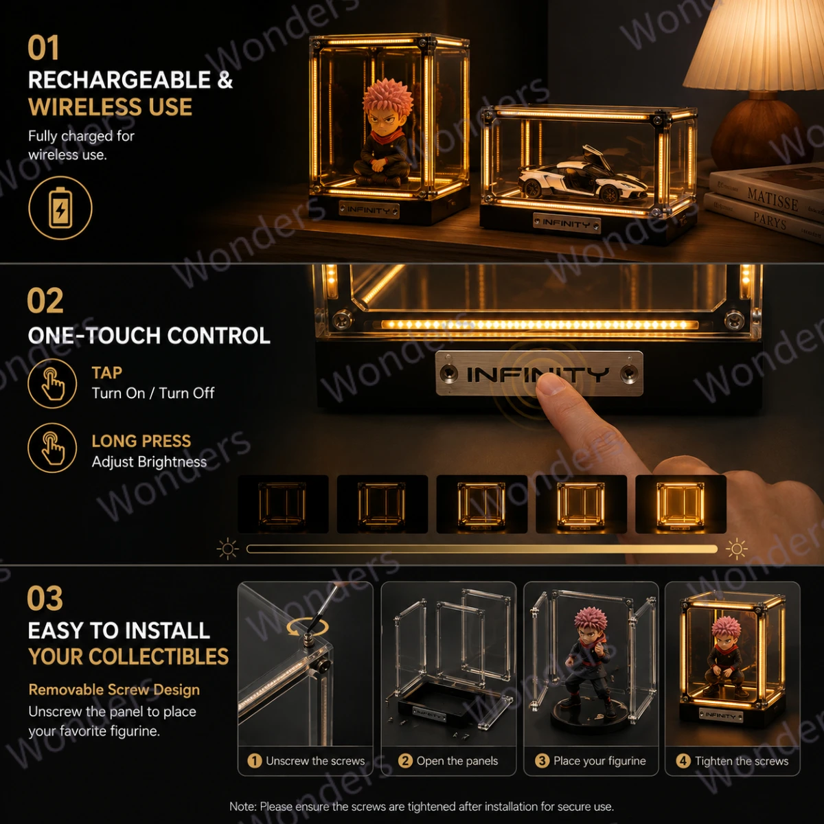 LED Figure Display Case Touch Night Light Collectible Storage Box Transparent Deep Abyss Mirror Effect Display