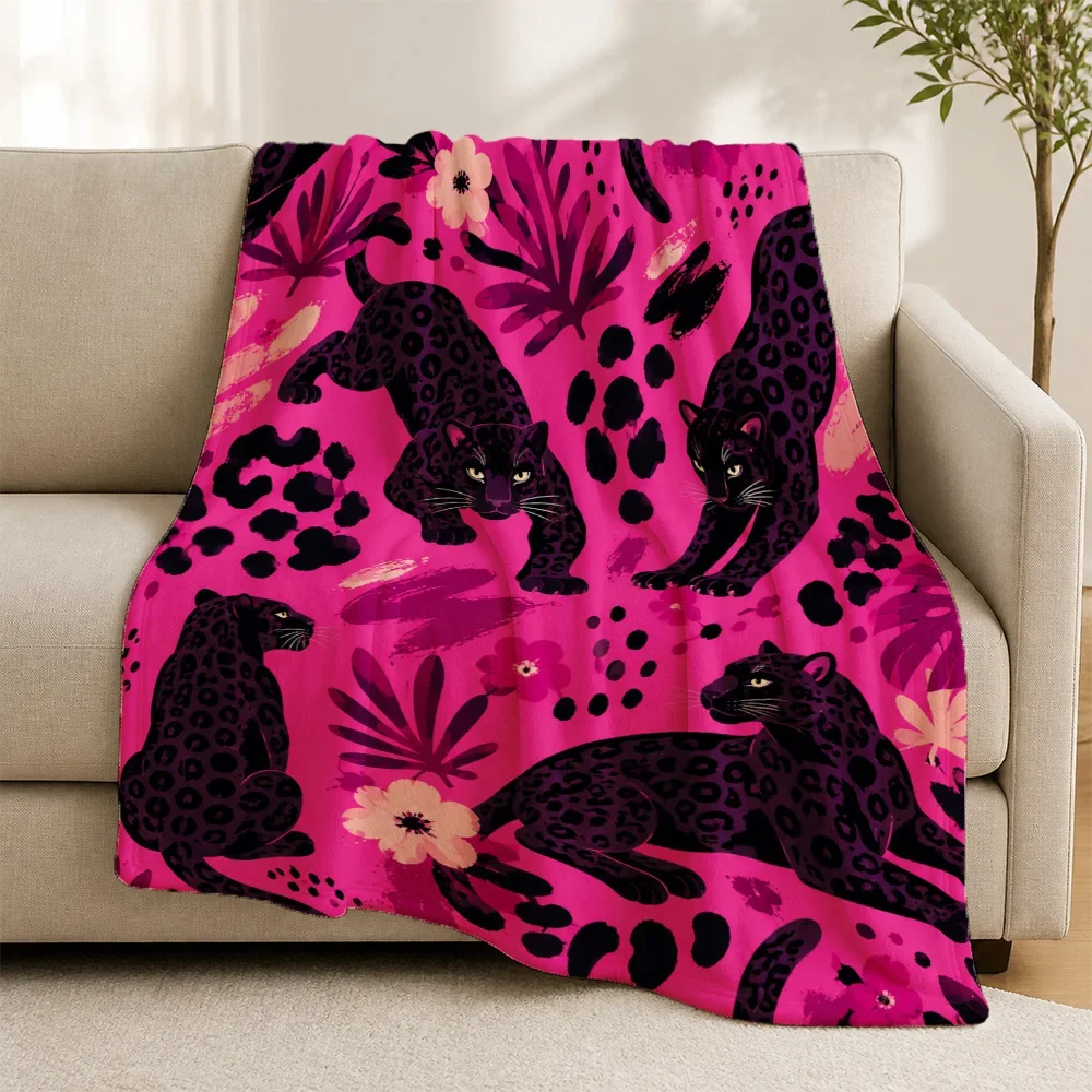 Vibrant Pink Panther Print Throw Blanket Sofa Couch Decor Boho Tropical Jungle Animal Cozy Bed Cover Aesthetic Luxury