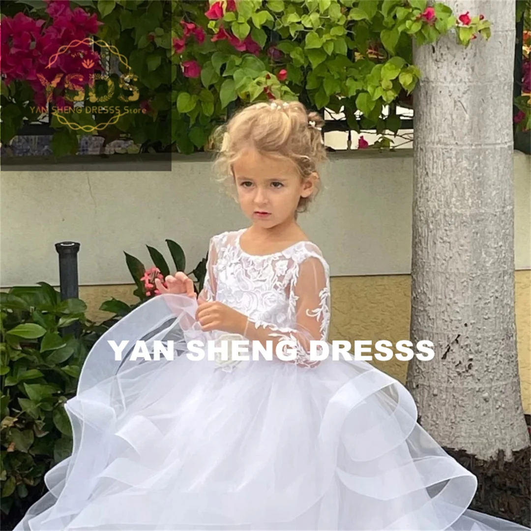 Wedding Birthday Flower Girl Dresses White Tulle Puffy Tiered Appliques Sequin Long Sleeve For  First Communion Gowns