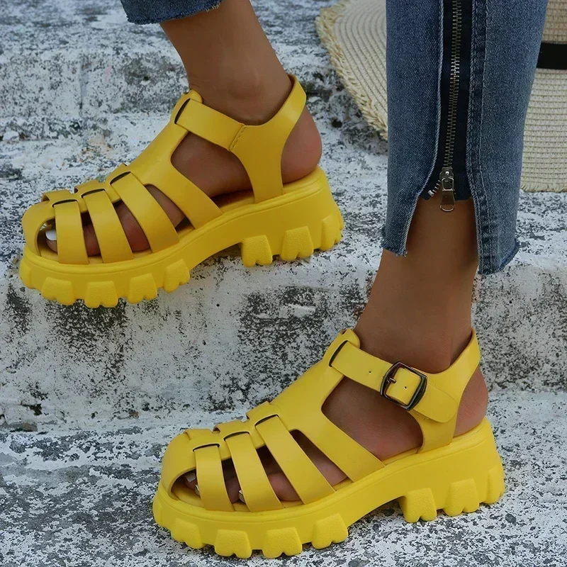 2024 Hot Sale Shoes for Women Buckle Ladies Sandals Summer Rome Closed Toe Solid Outdoor Casual Waterproof Platform Sandals