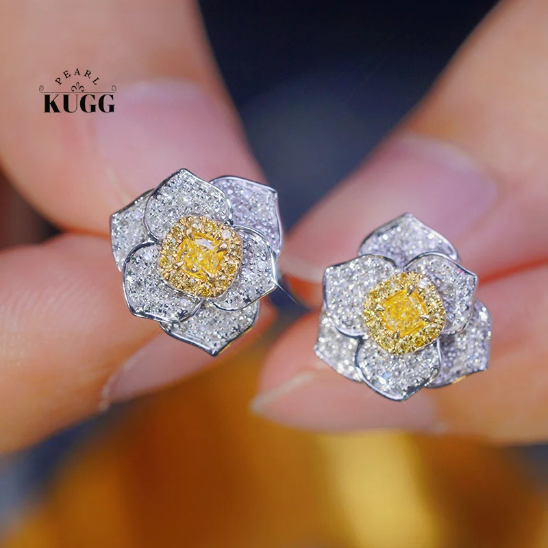 

KUGG 18K White Gold Earrings Luxury Camellia Design Real Natural Yellow Diamond Stud Earrings for Women High Wedding Jewelry