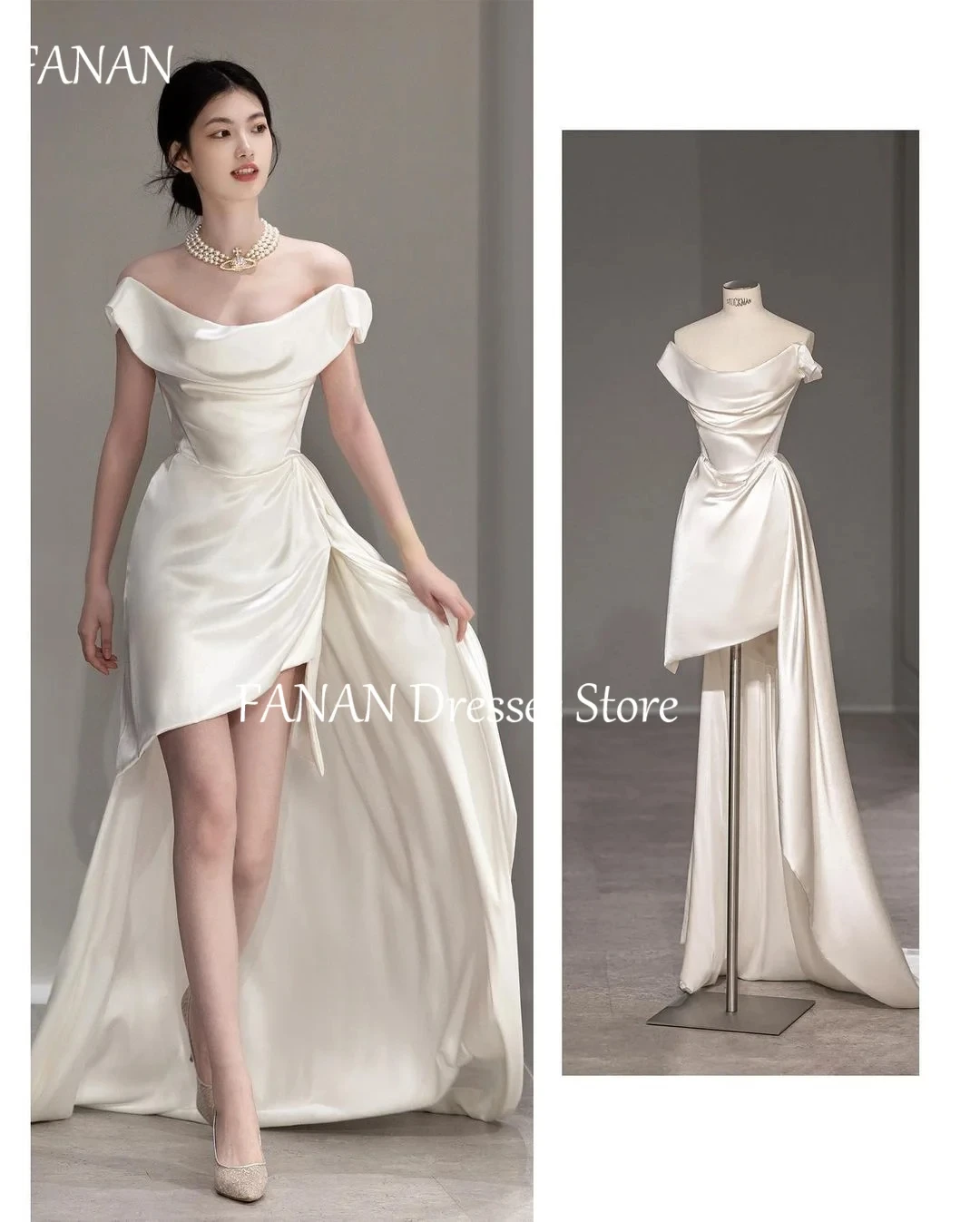 

FANAN Korea Sheath Ivory Off the Shoulder Wedding Dresses Satin Backless Hi-Lo 웨딩드레스 Ruched Custom Made Bride Gowns Plus Size