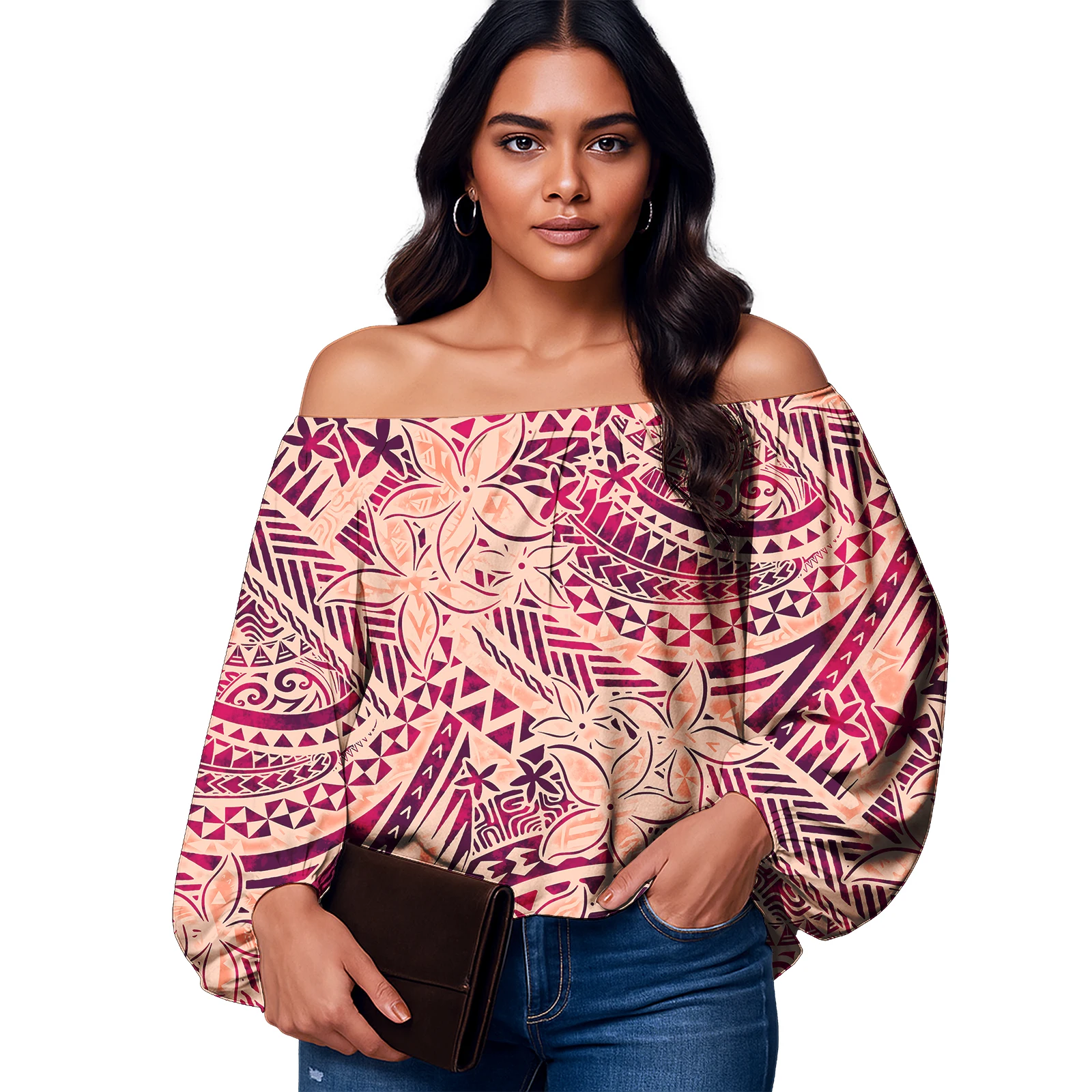 เสื้อผ้าผู้หญิงลายดอกไม้ฮาวายคุณภาพสูง ออกแบบลำลองสไตล์ซามัว แขนพองแบบโพลินีเซียน เสื้อผู้หญิง