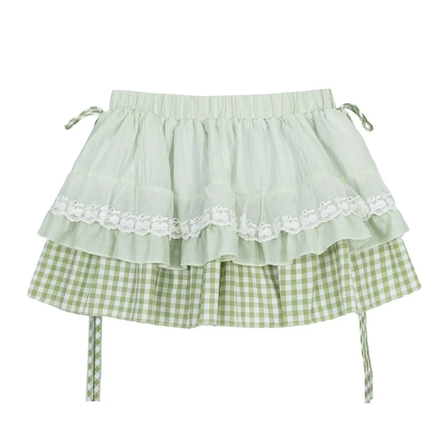 Green Gingham Ruffle Mini Skirt Women Kawaii Lolita Cherry Decor Lace Trim Layered Elastic Waist A-line Short Skirt for Teens
