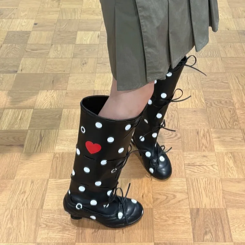 2026 New Polka Dot Casual Women's Knee High Boots Fashion Retro Printed Design Bow Decor Mid Heel Comfortable Women Shoes image 4