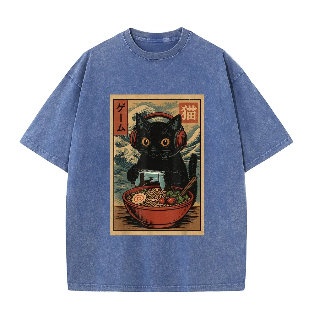 Cute Kawaii Gamer Cat Funny Ramen Retro Japanese Gaming T-Shirt High Quality Short Sleeve Tee Duck Summer Tops Cotton T Shirt