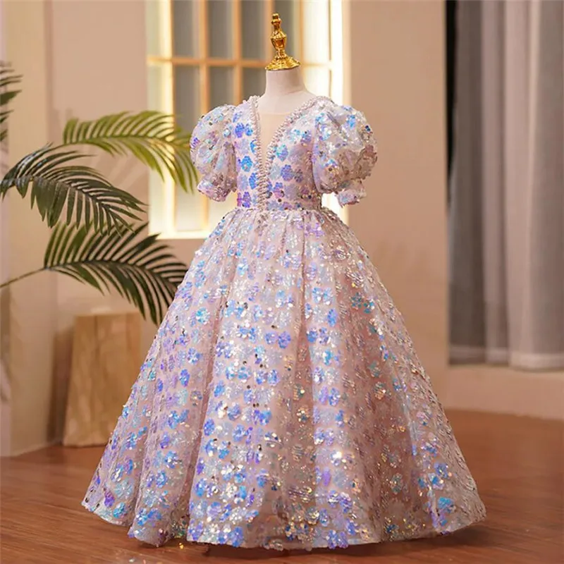 

Luxury A-Line Flower Girls Dresses for Wedding Corset Back Glitter Tulle Princess Kid First Communion Dress Kid Size 1-14T