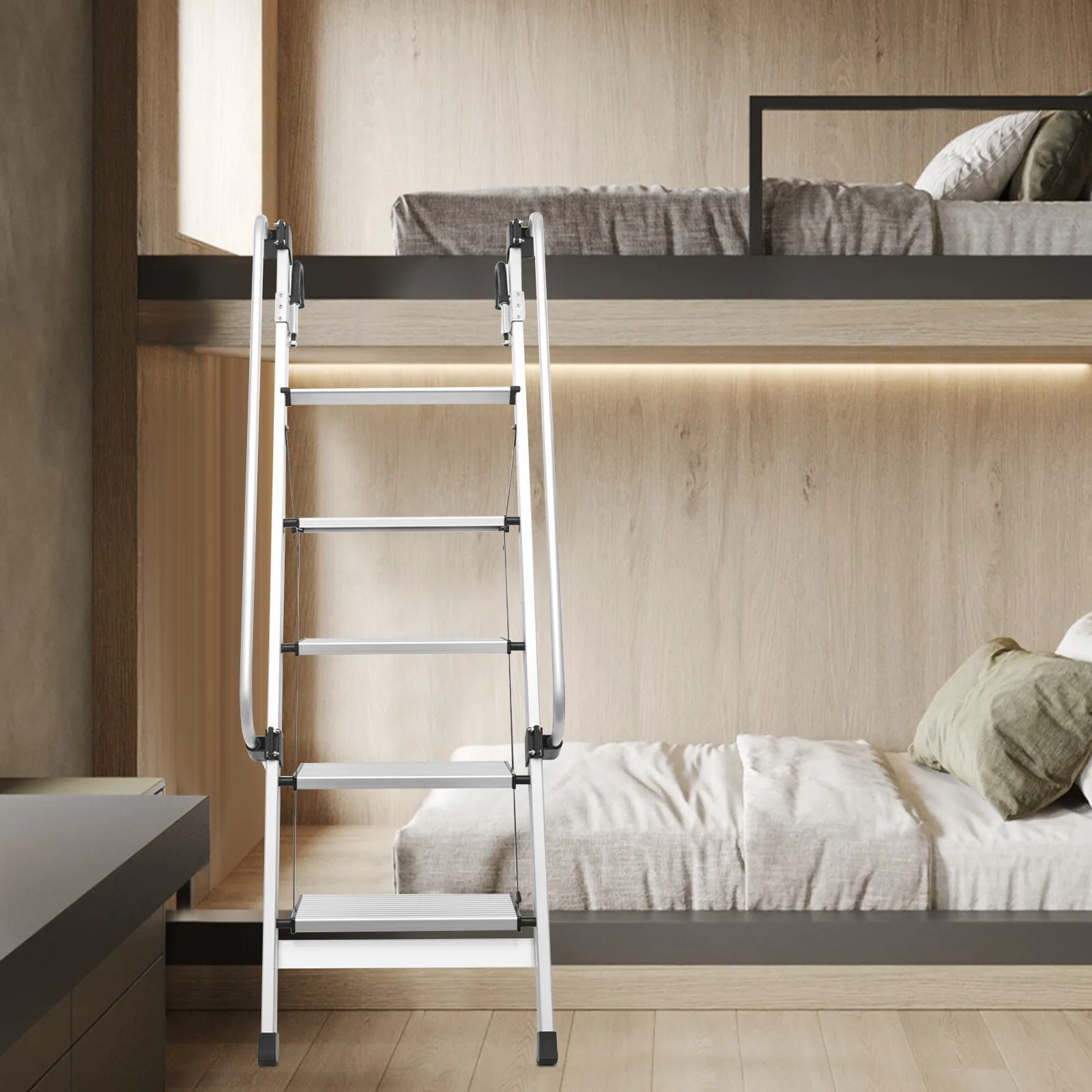 سلم من سبائك الألومنيوم مكون من 5 خطوات سلم بطابقين مع درابزين 150 كجم/330.69 رطل