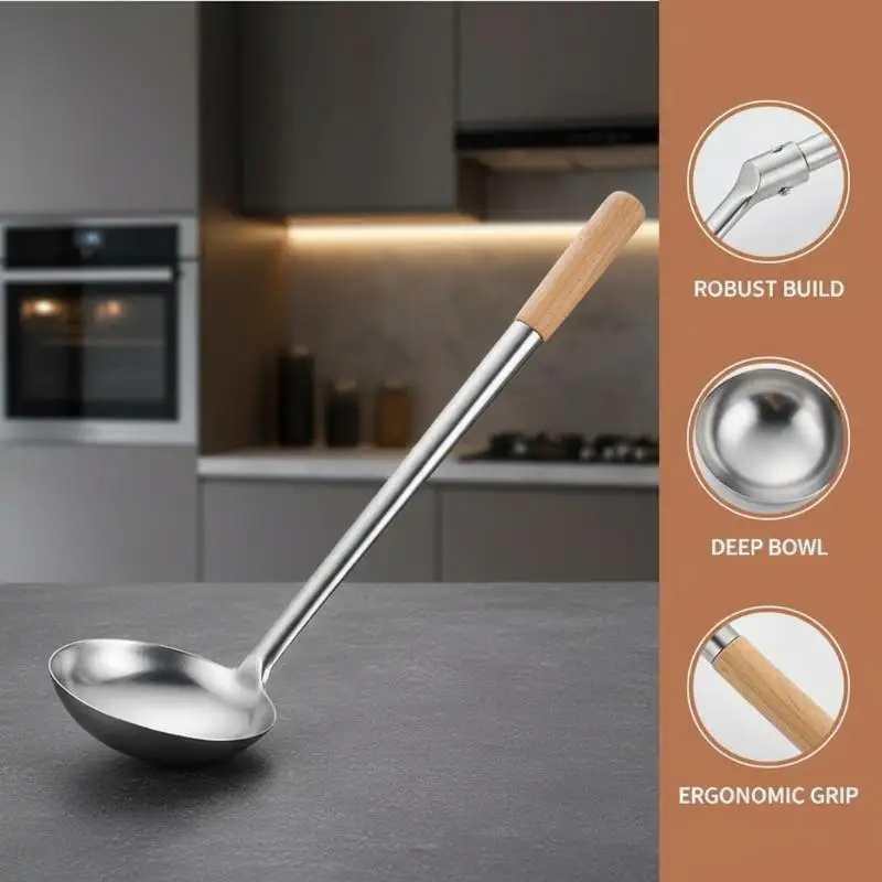 Wok Spoon Food Grade Stainless Steel with Non-slip Wood Handle Extra Thick Heat Resistant Kitchen Utensil for Soup Stir Fry