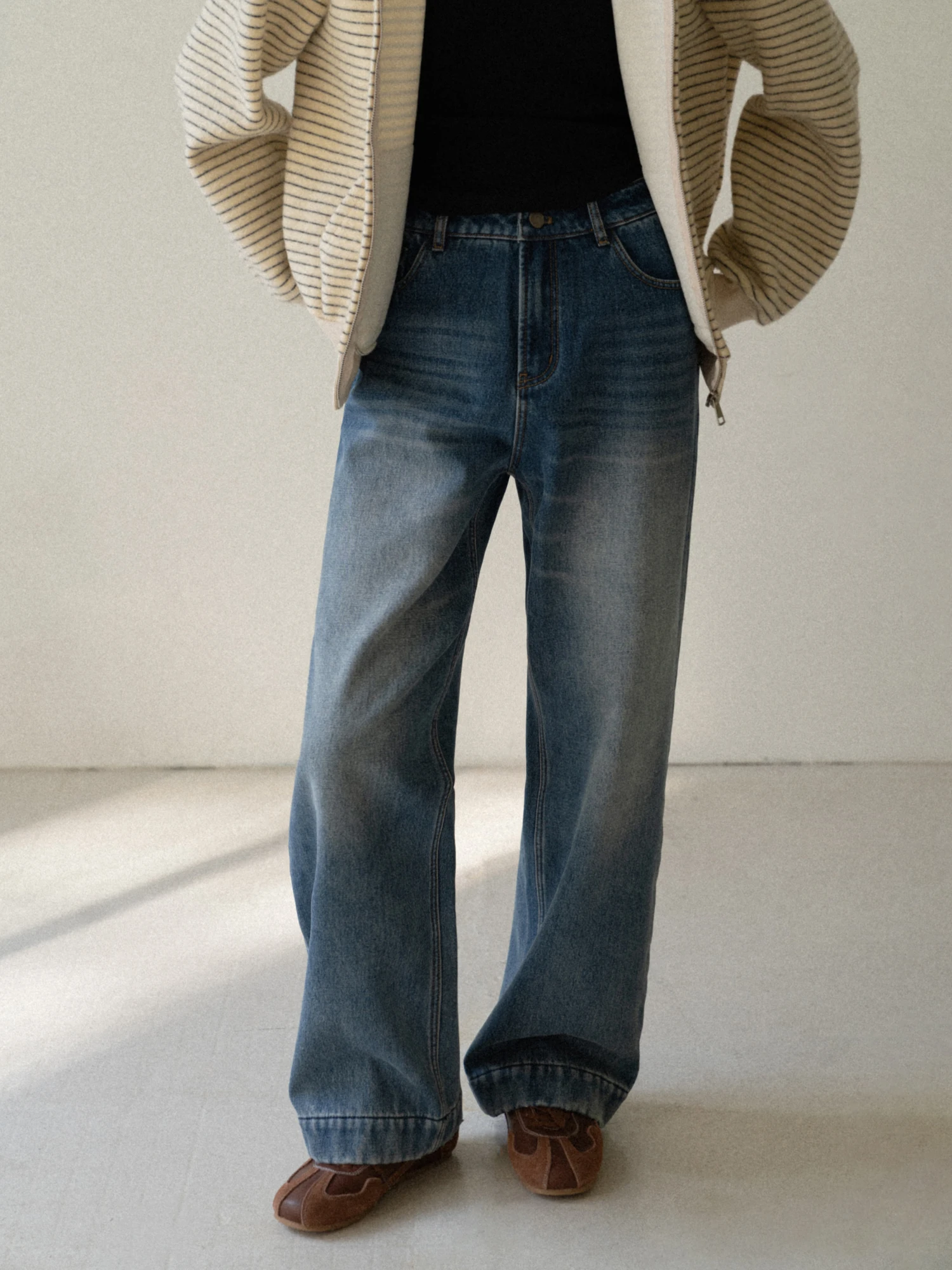 

High Waist Straight Leg Fleece Lined Denim Jeans Vintage Washed Loose Casual Pants Women's Winter Warm Polyester Fiber