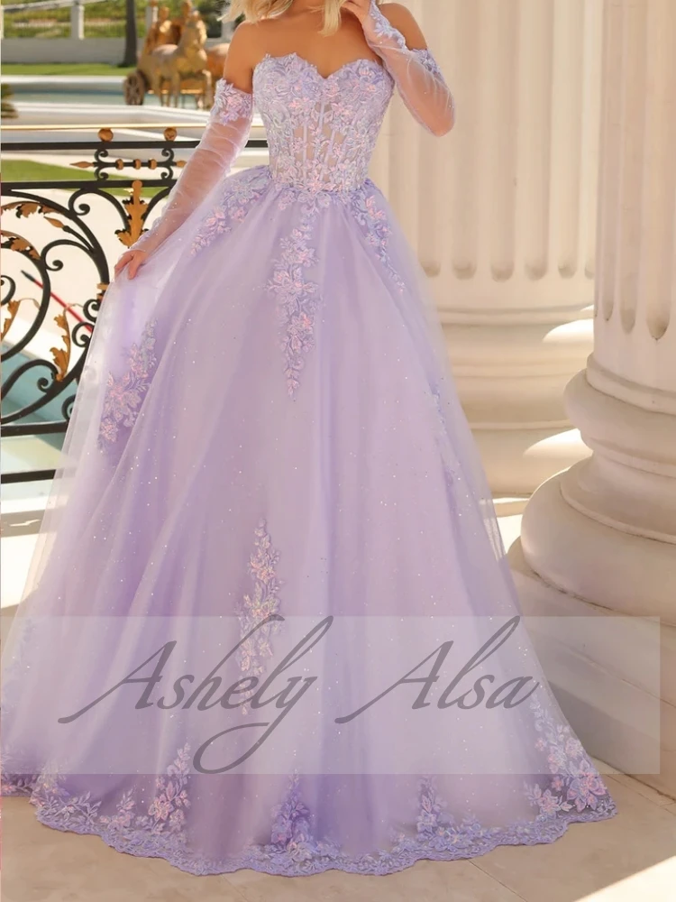 Customized Lilac Sweet 15 Prom Dresses Lace Applique A Line Long Women Formal Evening Dress Wedding Party Gown vestidos de gala