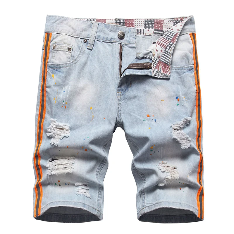 Jeans curto rasgado para homens, roupa de marca, Bermuda, algodão, listra lateral, fluorescente, shorts jeans respiráveis, novo, verão, 2023