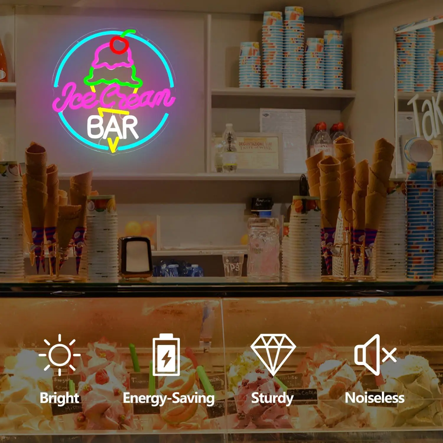 Ice Cream Bar Neon Sign USB Dimmable LED Light for Party Business Ice Cream Cold Drink Shop Bar Office Art Wall Decoration