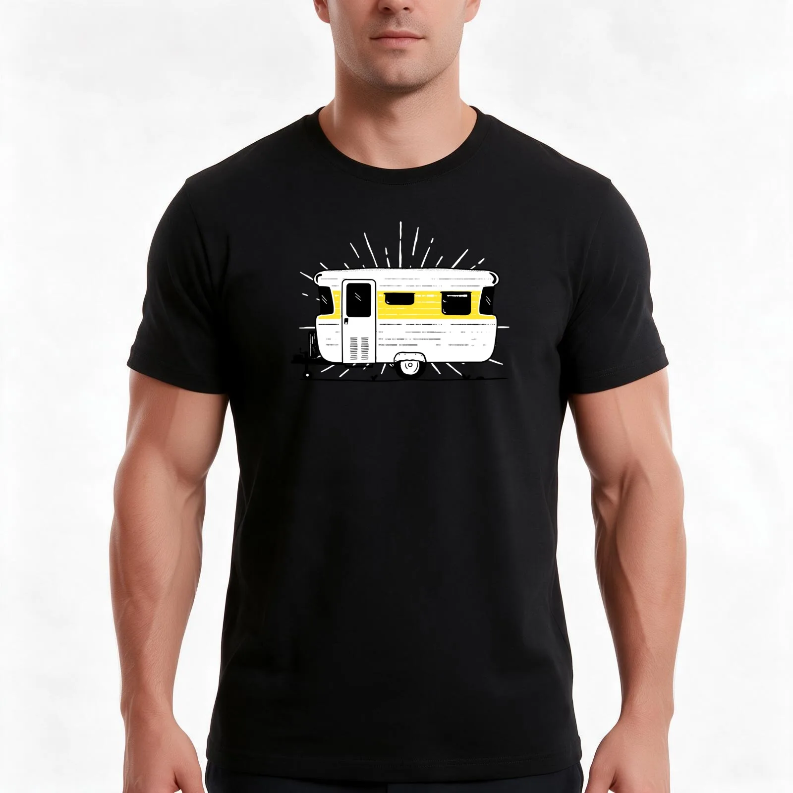 Yellow Vintage Caravan Illustration T-Shirt, Summer Casual Cotton Tee, Oversized Streetwear Tops, Vintage Graphic Print