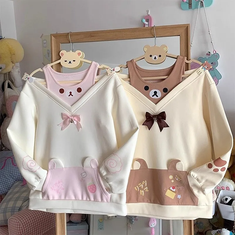 

Cartoon Rilakkumas Korilakkuma Bear Pullover for Girls Kawaii Printed Bear off-Shoulder Long Seelve T shirts Loose Harajuku Tee