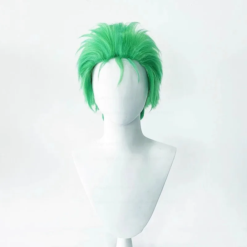 Wig Cosplay Anime Roronoa Zoro warna hijau pendek berlapis tahan panas rambut sintetis Wig Cosplay + topi Wig