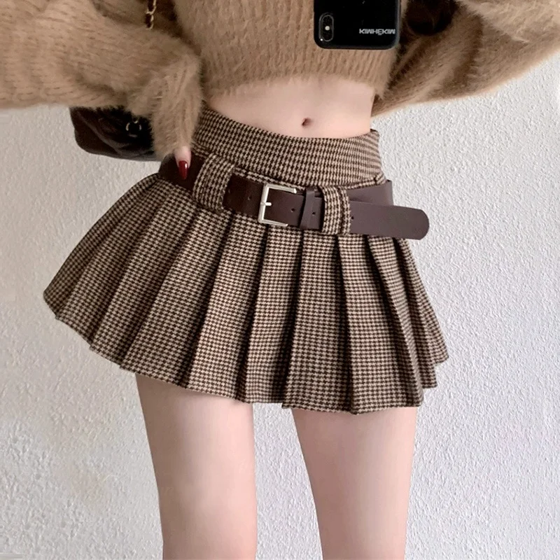 Wool Pleated Mini Skirt with Belt Built-in Shorts Miniskirt Micro Short Plaid Skort Teen-girl Y2K Preppy Academia Autumn Winter
