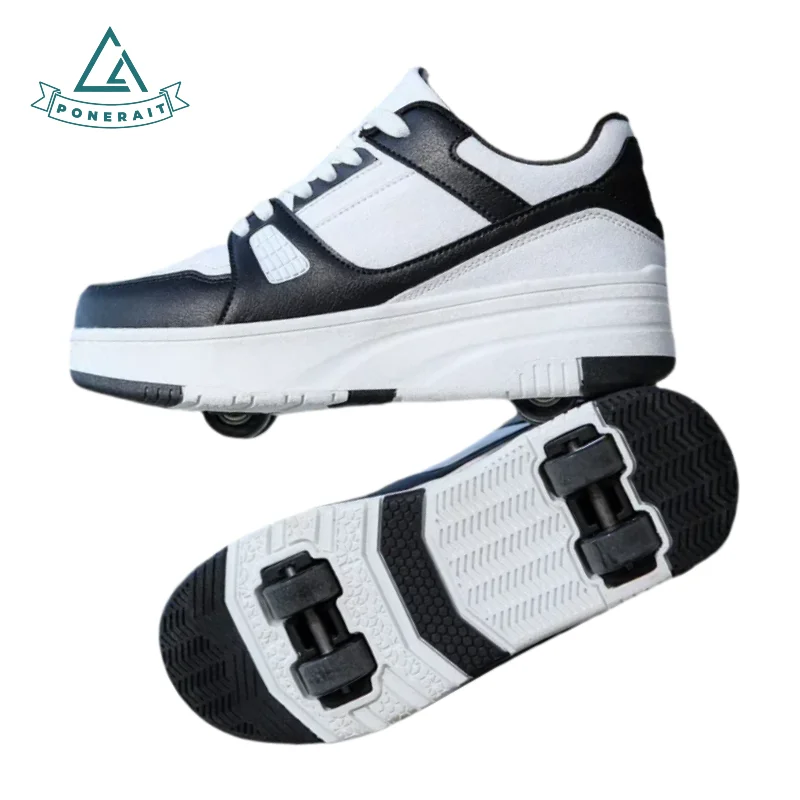 PONERAIT Kids And Teens Roller Shoes 4-Wheel PU Skate Shoes Lace-Up Comfortable for Beginners Ideal Outdoor Gift