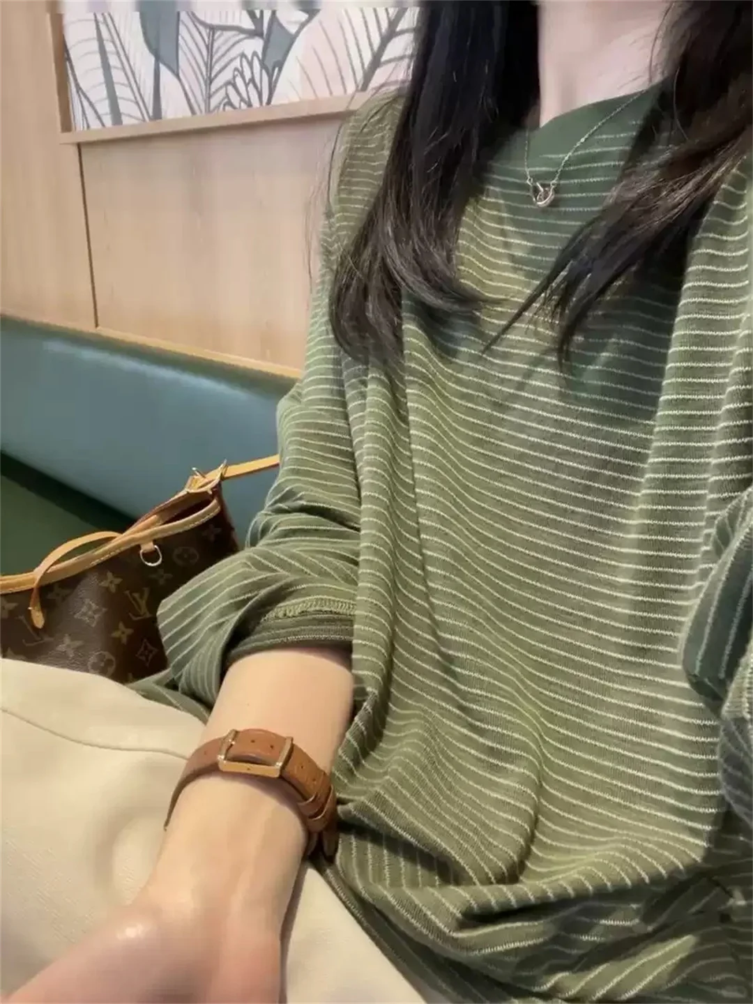 Loose Korean Style Women's Long Sleeve T-shirt Striped Base Layer Shirt Inner Wear Top Asymmetrical Commute Style Cotton Blend