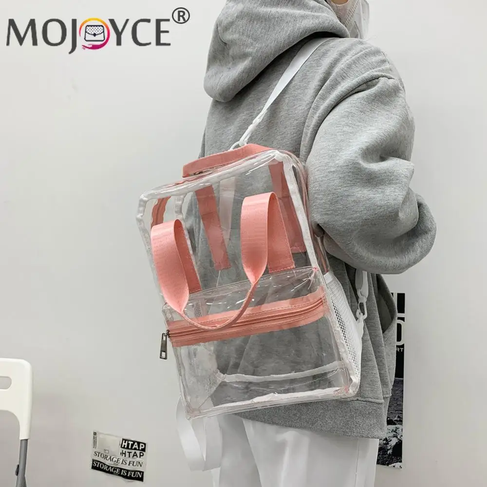 Women Transparent Tote Handbag Waterproof Clear Leisure Bag Large Capacity Clear Double Shoulder Bag Female Outdoor Backpack