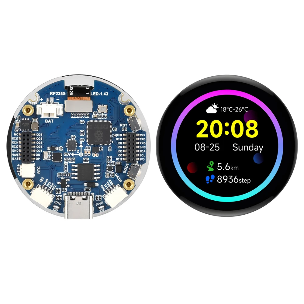 Placa de desenvolvimento de display RP2350 de 1,43 polegadas, display redondo de interface SPI, acelerômetro integrado e sensor giroscópio, chip RTC