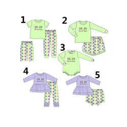 Hot Sale Mardi Gras Boys Green Short Sleeve Tops Girls Purple Long Sleeve Tops Printed Shorts Boutique Outfits and Jumpsuits