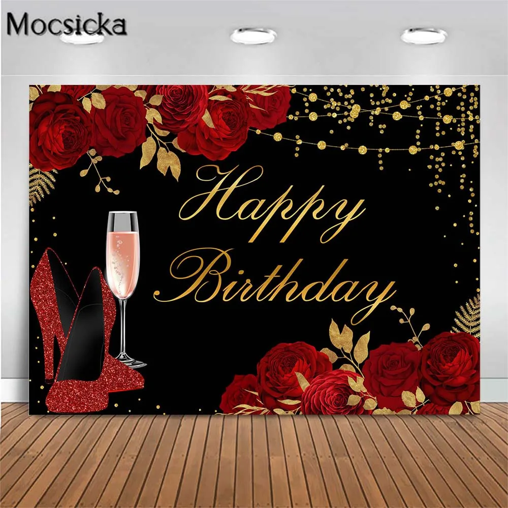 Mocsicka Red Rose Birthday Backdrop High Heel Golden Dots Romantic Women Birthday Party Background Decor Custom Banner Photocall