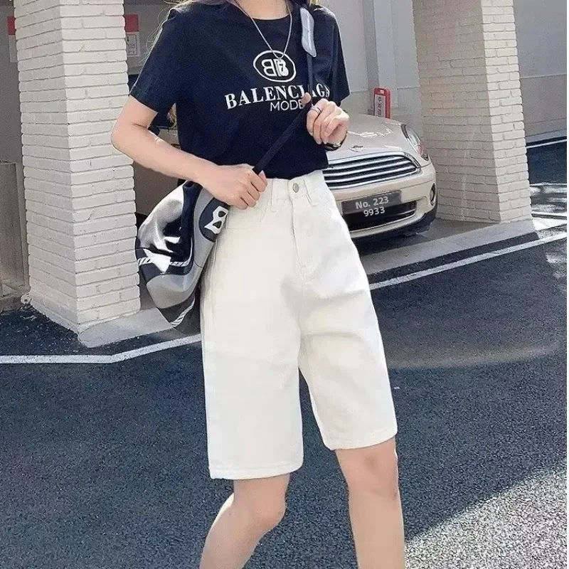 

Pop High Waist Straight Leg White Denim Shorts Women Summer Thin Five-Point Loose Wide-Leg Korean Style Student Mid-Length Trend