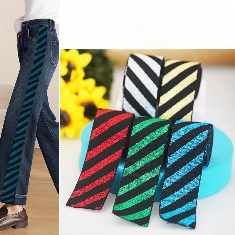 Colorful double-sided slanted elastic band clothing accessories for clothes and pants side stripes with gold and silver threads