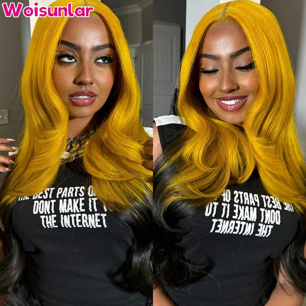 Peruca de cabelo humano frontal do laço transparente para mulheres negras, onda do corpo, ombre, amarelo e preto, 13x4, 13x6