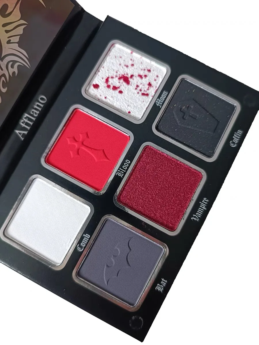 De Afflano 6 สี Goth Eyeshadow Palette สีดําสีขาวสีฟ้าสีชมพูสีแดงสีเขียวแต่งหน้า Matte Pearlescent Lasting Eye Shadow